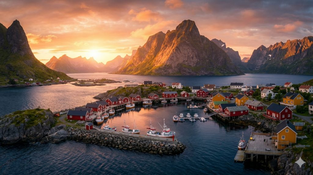 lofoten islands in summer with midnight sun and mountains