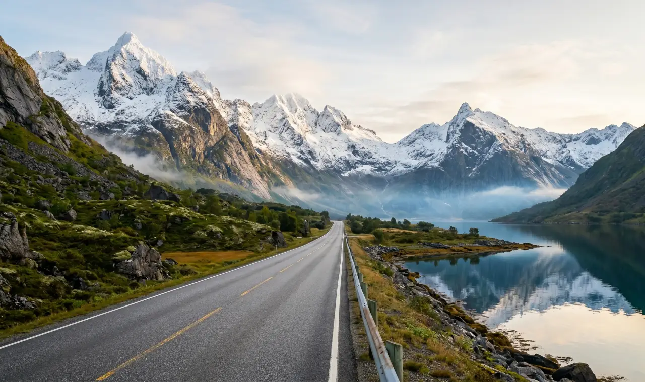 The E10 road winding through the Lofoten Islands with mountains and sea on both sides