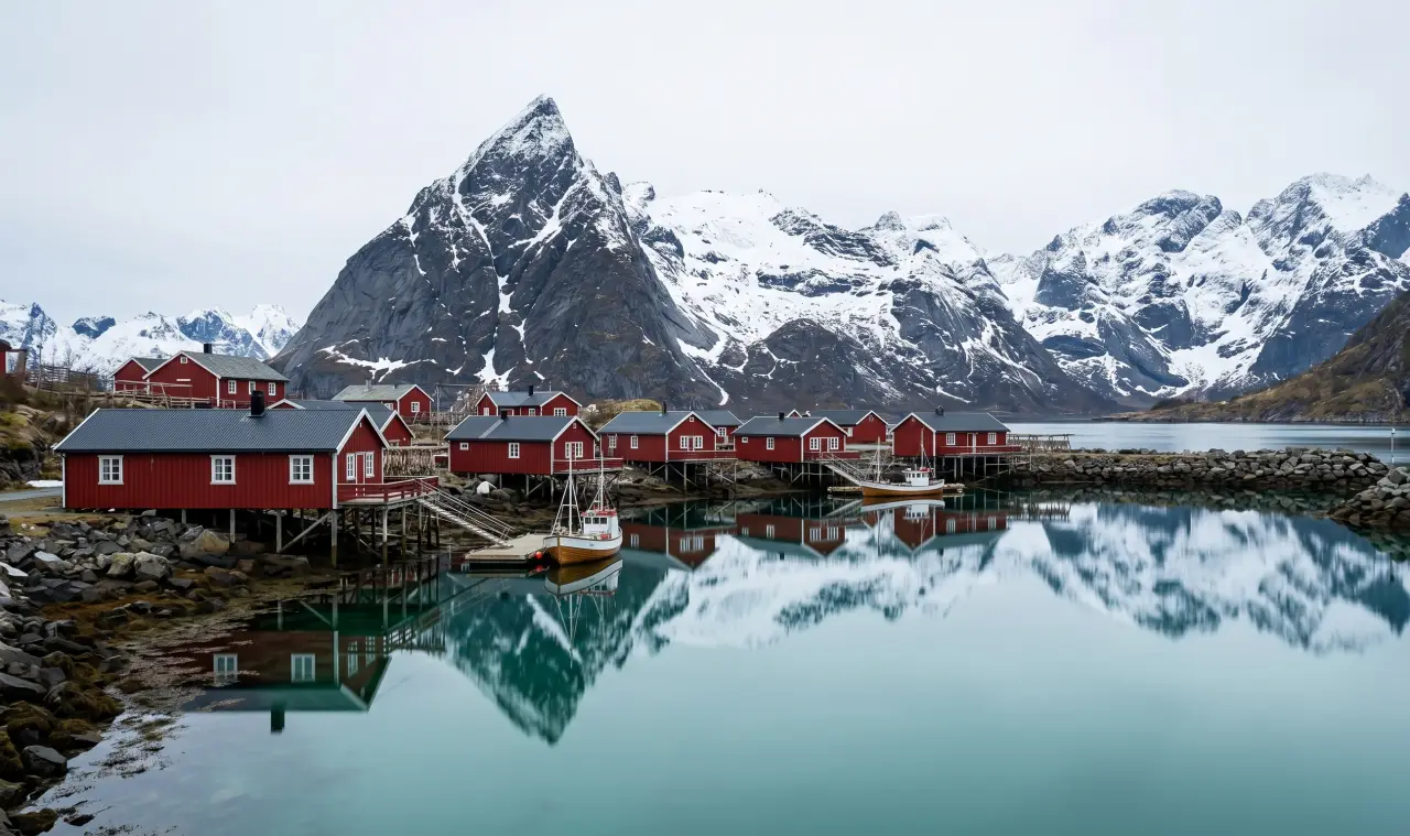 Traditional red rorbuer fishing cabins in a Lofoten village with mountains reflected in calm water